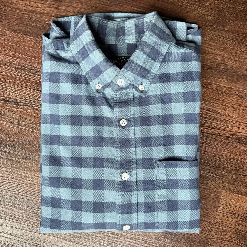 J Crew Mens S Mercantile Flex Blue Plaid Button Up Collared Shirt Long Sleeve